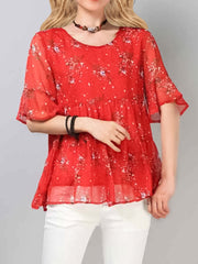 Plus Size Round Neck Floral Printed Pattern Chiffon Blouse