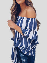 Loose Chiffon Off Shoulder Striped Front Tie 3/4 Sleeve Blouses