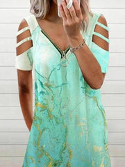Loose Printed Short Sleeve Zippered V-neck Dress