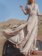 Retro Printing V Neck 3/4 Sleeve Split Hem Dress- Bell - Drop Shoulder - Halter - Scoop - Closed