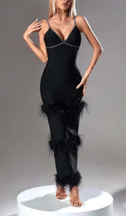 VESTIDO MIDI NEGRO CON PLUMAS Y ESCALONES DE DIAMANTES