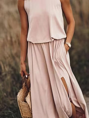 Round Neck Solid Color Sleeveless Split Dress