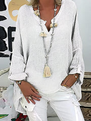 Camisetas holgadas de manga larga con cuello en V liso y gran tamaño