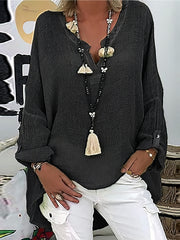 Camisetas holgadas de manga larga con cuello en V liso y gran tamaño