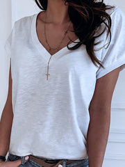 Solid V-neck Short Sleeve T-shirt
