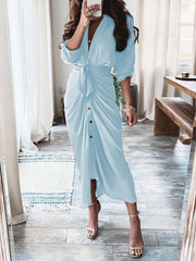 Summer V-neck Button Solid Long Dress