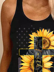 Sunflower Cross Print Round Neck Sleeveless Tank Tops
