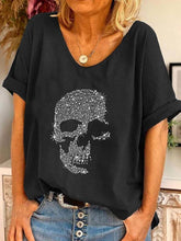 Lockeres Kurzarm-T-Shirt mit V-Ausschnitt und Totenkopf-Print