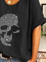 Lockeres Kurzarm-T-Shirt mit V-Ausschnitt und Totenkopf-Print