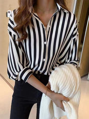 Long Sleeve Collar Button Stripe Blouse -Shirt - Bishop - V-Neck - Scoop - Closed