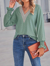Loose Cut Out Lace Panel V-Neck Lace Blouse