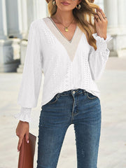 Loose Cut Out Lace Panel V-Neck Lace Blouse