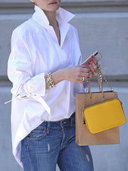 Damenblusen Lockere, einfarbige Langarmbluse mit Gürtel