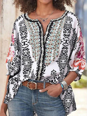 Loose Vintage Print Long Sleeve Blouses