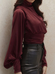 Turtleneck Bare Back Balloon Sleeve Blouse