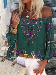 Women's Blouses Vintage Print Boat Neck Belted Long Sleeve Blouse