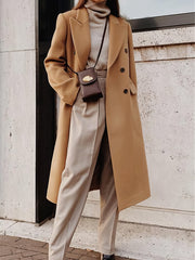 Lapel Button Long Sleeve Woolen Coat