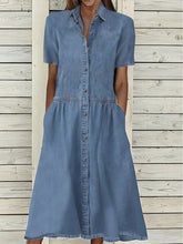 Casual Lapel Button Pocket Denim Dress - V-Neck - Drop Shoulder - A-Line - Closed - Peasant - Panelet