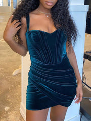 Pleated Velvet Suspenders Mini Dress