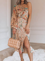 Printed Sloping Shoulder Slit Ruffle Dress