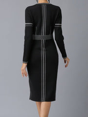 Round Neck Long Sleeve Slim Fit Slit Dress