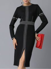 Round Neck Long Sleeve Slim Fit Slit Dress