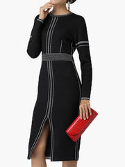 Round Neck Long Sleeve Slim Fit Slit Dress