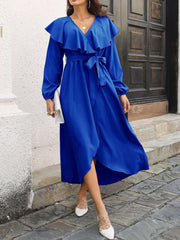 Ruffle V-Neck Solid Color Split Long Sleeve Midi Dress