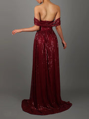 Schmales, schulterfreies Maxikleid mit Pailletten