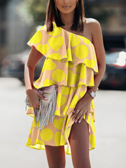 Sloping Shoulder Ruffle Print Dress