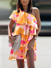 Sloping Shoulder Ruffle Print Dress