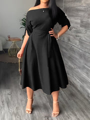 Sloping Shoulder Tie Mid Sleeve Dress