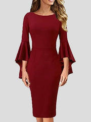 Solid Ruffle Sleeve Slim Fit Dress
