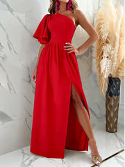 Solid Sloping Shoulder Slit Dress