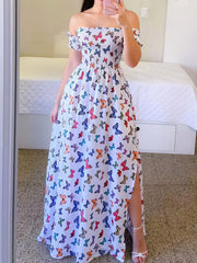 Trägerloses Maxikleid mit Schlitz und Print