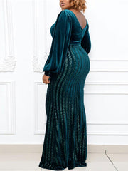 Vestido de lentejuelas con abertura y manga larga con escote en V