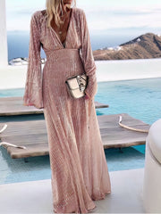 V-Neck Sequined Long Sleeve Dress