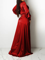 Einfarbiges, unregelmäßiges Langarmkleid mit V-Ausschnitt