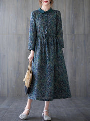 Vintage Print Button Elastic Waist Long Sleeve Dress