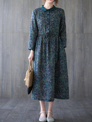 Vintage Print Button Elastic Waist Long Sleeve Dress