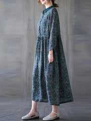Vintage Print Button Elastic Waist Long Sleeve Dress