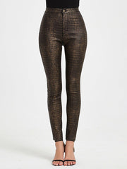 High Waist PU Leather Crocodile Print Pants