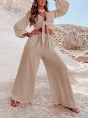 Modisches, einfarbiges, langärmliges Zweiteiler-Set mit Krawatte