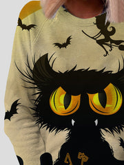 Cat Print Round Neck Long Sleeve T-Shirt