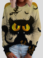 Cat Print Round Neck Long Sleeve T-Shirt
