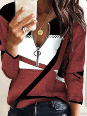 Colorblock Printing V-Neck Zipper Long Sleeve T-Shirt