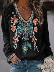 Floral Print V-Neck Long Sleeve T-Shirt