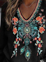 Floral Print V-Neck Long Sleeve T-Shirt