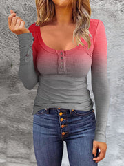 Langarm-T-Shirt mit Farbverlauf und Rundhalsausschnitt und Knöpfen