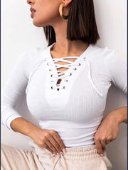 Camiseta sexy de punto con cuello en V y manga larga en color liso